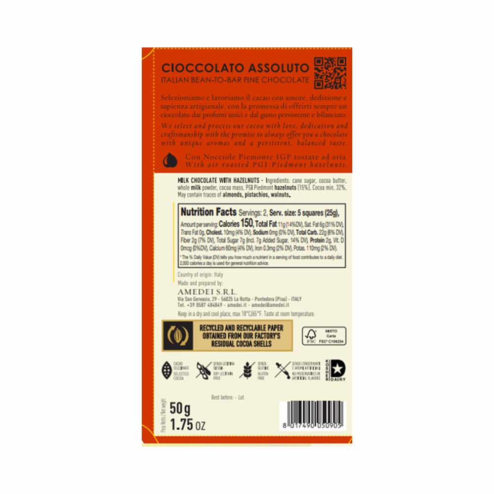 Amedei Nocciola, Milk Chocolate with Hazelnuts, 50g - Image 2
