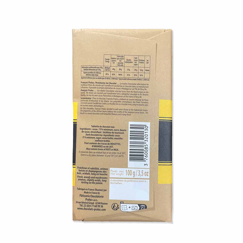 Pralus Tablette La Javanaise 75%, 100g - Image 2