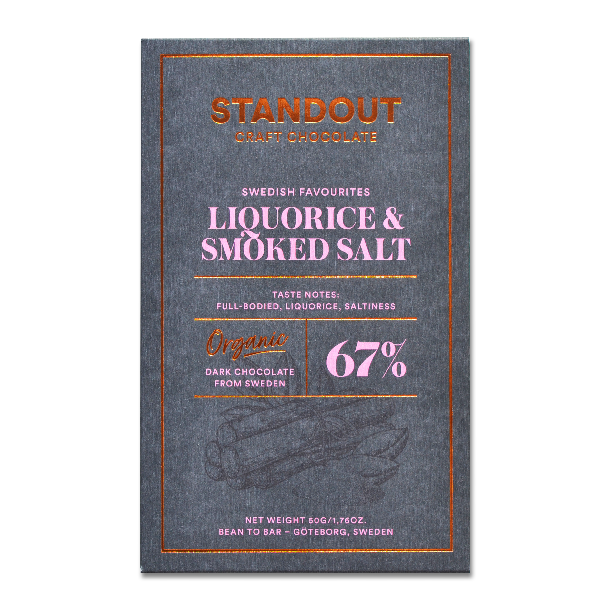 Standout Swedish Favourites Liquorice & Beech Smoked Sea Salt 67%, 50g