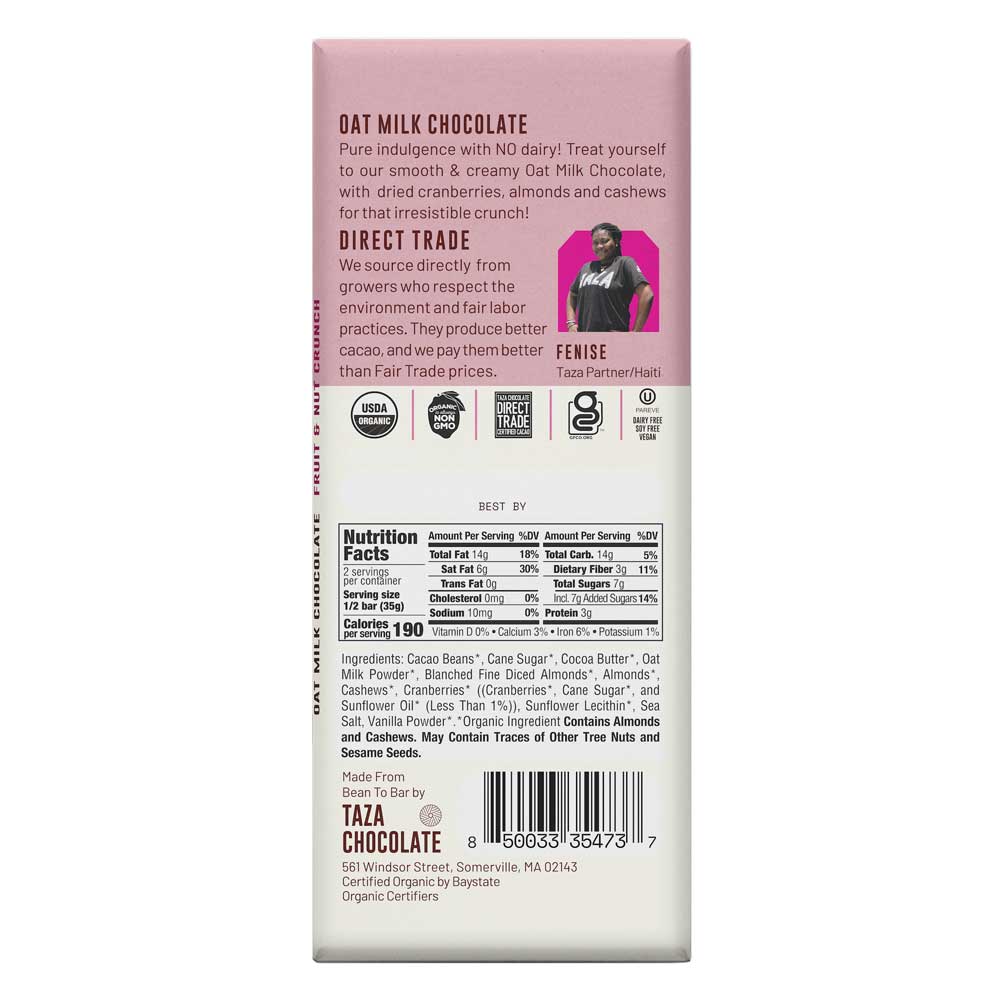 Taza Oat Milk Fruit & Nut Crunch Chocoalte Bar, 2.5oz - Image 2